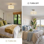 Rattan Ceiling Light Fixture, 13" Woven Drum Flush Mount Light with Gold Finish, 3-Light Boho Wicker Ceiling Lighting for Bedroom, Living Room, Farmhouse, Modern Room Decor