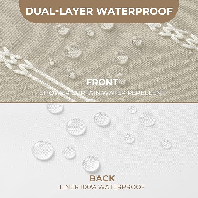 downluxe Linen Texture 3 in 1 Farmhouse Shower Curtain Set with Tassel, Boho Fabric Shower Curtains for Bathroom, Taupe, 72W x 84L