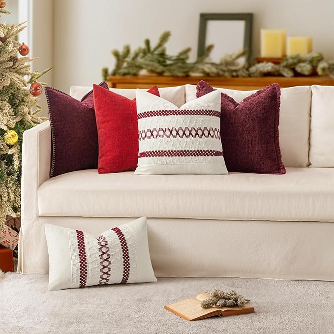 MIULEE Pack of 2 Christmas Pillow Covers 18x18 Inch Burgundy Red Farmhouse Decorative Throw Pillow Covers with Stitched Edge Soft Chenille Solid Dyed Couch Pillow Covers for Sofa Bed Living Room