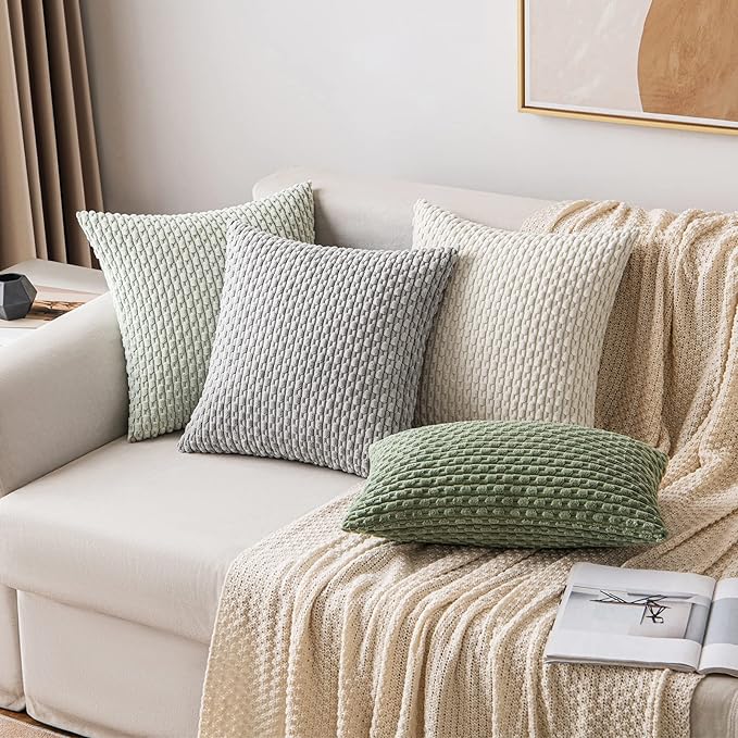 MIULEE Pack of 2 Decorative Throw Pillow Covers 18x18 Inch Soft Boho Striped Textured Corduroy Pillow Covers Modern Farmhouse Home Decor for Couch Bed Sofa Living Room Light Green