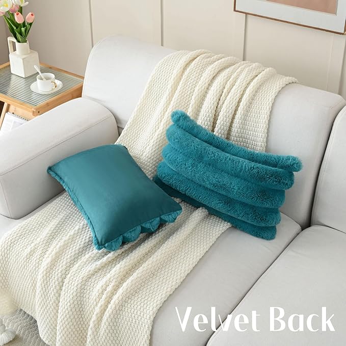 FUTEI Teal Decorative Throw Pillow Covers 12x20 Inch Set of 2, Square Soft Faux Rabbit Fur Big Striped Cushion Cover,Home Decor for Couch Sofa Bed Living Room