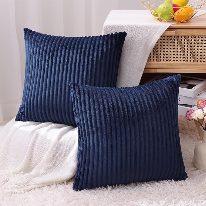 Simmore Decorative Throw Pillow Covers 16x16 Set of 2, Soft Natural Plush Flannel Double-Sided Fluffy Couch Pillow Covers for Sofa Living Room, Navy Blue