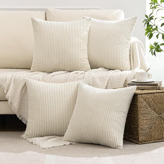 MIULEE Boho Farmhouse Throw Pillow Covers 18x18 Inch Set of 4 Mordern Nordic Cushion Covers Soft Corduroy Christmas Home Decor for Couch Bed Sofa Living Room Cream White