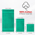 Infinitee Xclusives Luxury 100% Cotton Towel Set – 8 Piece Bathroom Towel Set (2 Bath Towels, 2 Hand Towels, 4 Washcloths) – Soft & Absorbent Towels for Bathroom (Vivid Green)