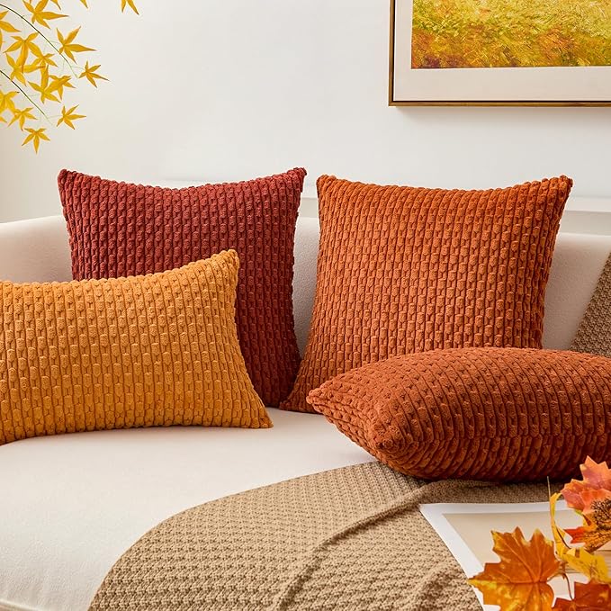 Kevin Textile Fall Throw Pillow Covers Soft Corduroy Decorative Set of 2 Boho Striped Pillow Covers Pillowcases Farmhouse Home Decor for Couch Bed Sofa Living Room 16x16 Inch Orange Yellow
