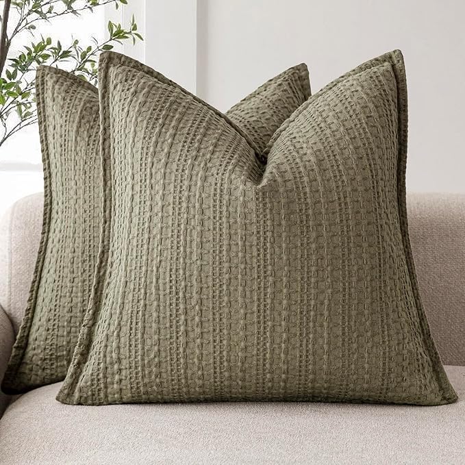 Foindtower Set of 2 Decorative Cotton Waffle Weave Throw Pillow Covers Euro Shams Cushion Covers Accent European Pillowcase for Bed Couch Sofa Bedroom Living Room Home Decor 22×22 Inch Olive Green