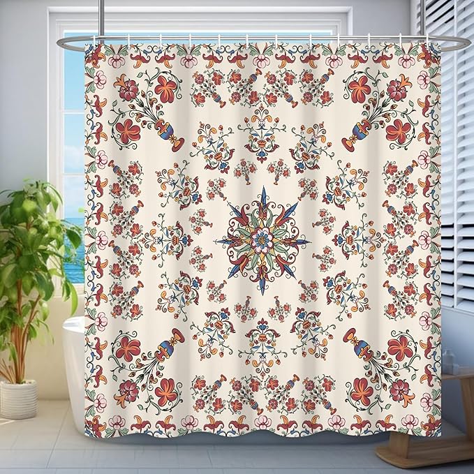 Boho Shower Curtain Floral Pattern Fabric Curtain for Bathroom Plant Theme Religion Floral Shower Curtain Sets Waterproof Decor 72x84Inch