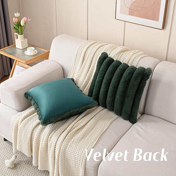FUTEI Dark Green Decorative Throw Pillow Covers 16x16 Inch Set of 2, Square Soft Faux Rabbit Fur Big Striped Cushion Cover,Home Decor for Couch Sofa Bed Living Room