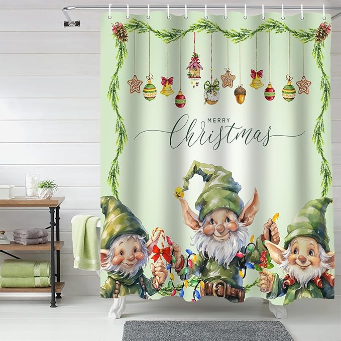 Vandarllin Merry Christmas Shower Curtain, Green Christmas Gnome Elf Shower Curtains Set with Hooks, Xmas Balls Waterproof Fabric Bathroom Curtains Decor Home Accessories,Stall 36 X 72 Inch
