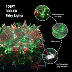 ILLUMINEW 300 Led Red Green String Lights Outdoor Waterproof Christmas Decorations, 108 Ft Fairy Lights for Bedroom, 8 Modes Plug in Christmas Lights for Outside Room Decor
