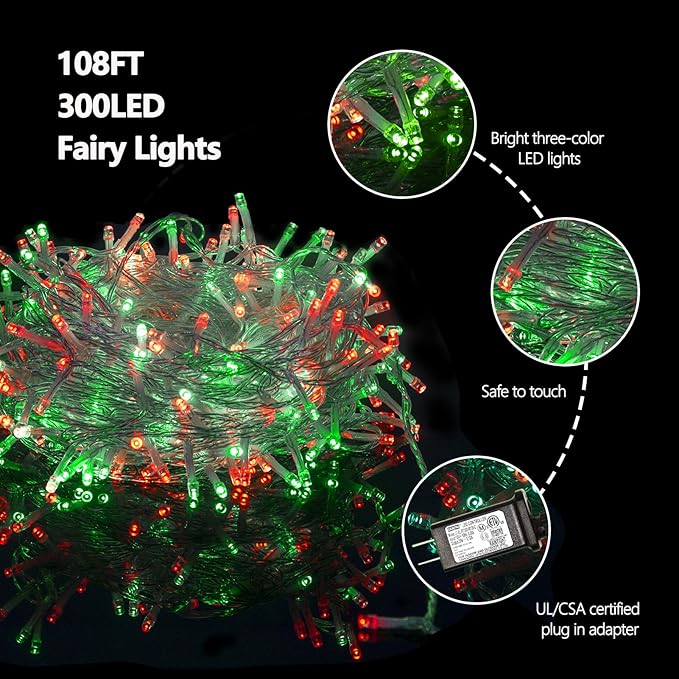 ILLUMINEW 300 Led Red Green String Lights Outdoor Waterproof Christmas Decorations, 108 Ft Fairy Lights for Bedroom, 8 Modes Plug in Christmas Lights for Outside Room Decor
