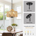 12.5” Rattan Pendant Light Fixtures, 4-Light Boho Chandelier with Woven Drum Shade, Farmhouse Dining Room Ceiling Hanging Lamp, Small Wicker Coastal Pendant Lighting for Kitchen Island Hallway