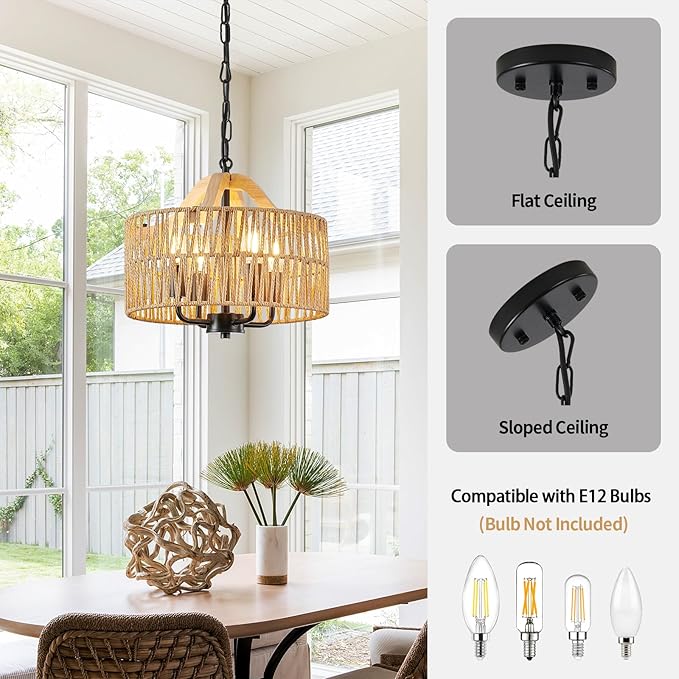 12.5” Rattan Pendant Light Fixtures, 4-Light Boho Chandelier with Woven Drum Shade, Farmhouse Dining Room Ceiling Hanging Lamp, Small Wicker Coastal Pendant Lighting for Kitchen Island Hallway
