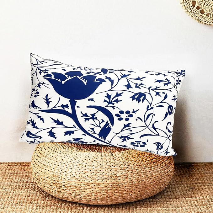 Decorative Throw Pillow Covers Set of 2 Blue Pillow Covers 12x20 inch Short Plush Couch Pillow Cases Floral Throw Pillows,Farmhouse Outdoor Pillow Covers for Sofa Living Room Cushion Covers