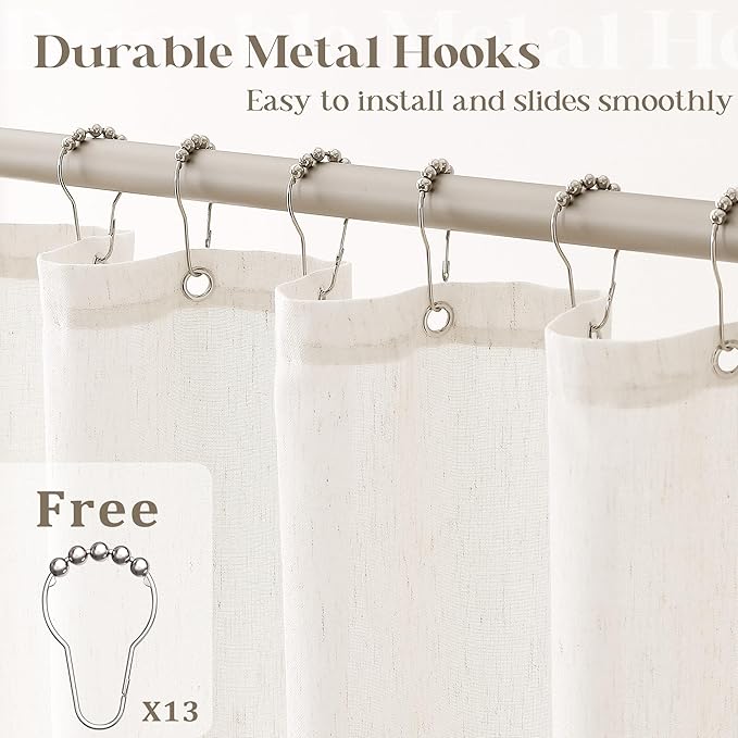 Cream Linen Shower Curtain Natural Boho Farmhouse Shower Curtains for Bathroom Neutral Aesthetic Bath Decor Sheer Cloth Water Repellent Fabric Drapes with Hooks Sets, Birch Ivory, 72x72 Inch