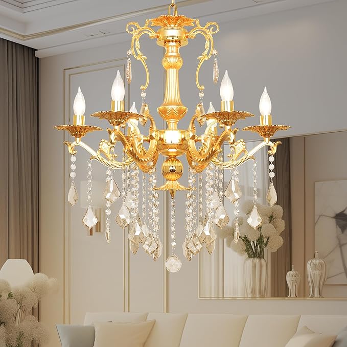 Luxury Gold Crystal Chandelier, 24" Vintage K9 Crystal Pendant Light with 6 Lights, Antique Brass Finish Ceiling Light Fixture with Scrolled Arms for Dining Room Living Room Foyer Villa Hotel