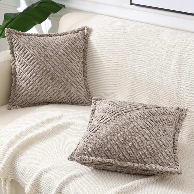 decorUhome Decorative Khaki Throw Pillow Covers 18x18 Set of 2 with Splicing, Boho Soft Neutral Corduroy Broadside Twill Pillow Covers for Couch Bed Sofa Living Room