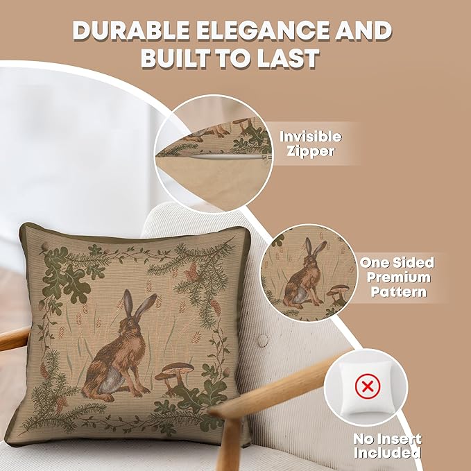 Charlotte Home Furnishings Decorative Pillow Covers for Couch 19x19 in, Tapestry Throw Pillow Cover for Living Room Bed Decor, The Hare French Country Sofa Cushion Cases, Soft Cotton Jacquard Woven