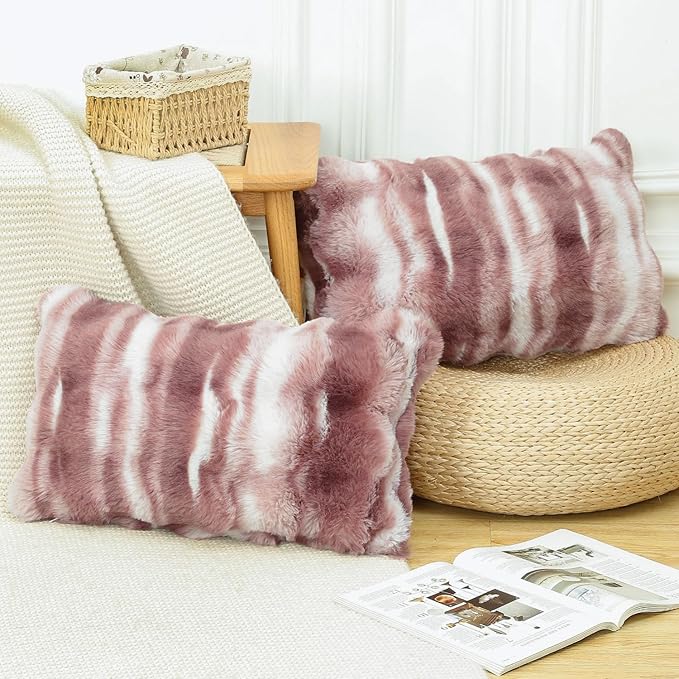 MADIZZ Pack of 2 Thick Plush Wool Throw Pillow Covers 12x20 Inch Pink Soft Neutral Decorative Throw Pillows Accent Boho Cushion Covers for Couch Sofa Bedroom Pillow Shell
