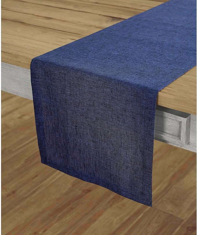 Solino Home Linen Chambray Navy Table Runner 132 Inches Long - Athena, 100% Pure Linen Dining Table Runner 14 x 132 Inch for Fall, Autumn, Thanksgiving, Christmas