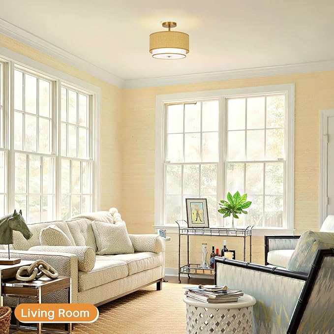 Boho Light Fixtures Woven Rattan-Style Flush Mount Ceiling Light, 12.6inch Closed to Ceiling Light Fixture with 2-Tier Drum Design for Bedrooms, Kitchen, Dining Room, Hallway