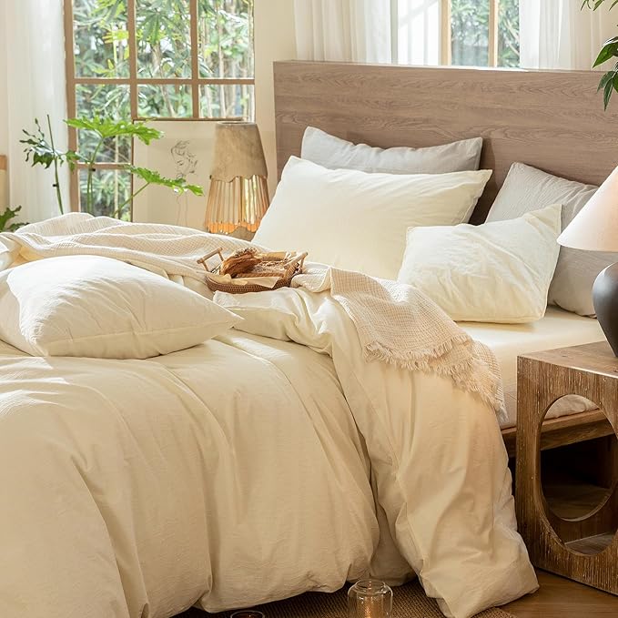 MooMee Wavy Striped Duvet Cover Set 100% Washed Cotton Linen Like Textured Breathable Durable Soft Comfy (Cream White, Oversized Queen 98"x98")