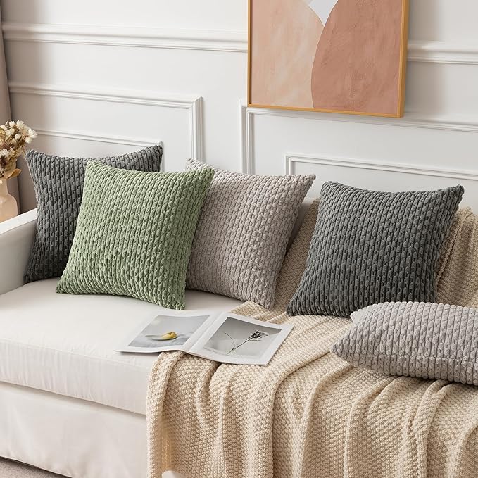 Kevin Textile Throw Pillow Cover Striped Pattern Decorative Soft Corduroy Cushion Covers Stripes for Living Room Set of 2 18x18 Inch Dark Grey