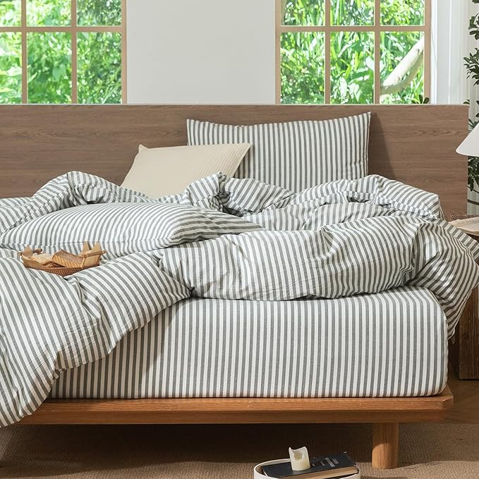 MooMee Striped Duvet Cover Set 100% Washed Cotton Linen Like Textured Breathable Durable Soft Comfy (Heathered Green Classic Stripes, Palatial King/Oversized King 120"x98")