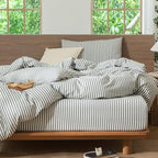 MooMee Striped Duvet Cover Set 100% Washed Cotton Linen Like Textured Breathable Durable Soft Comfy (Heathered Green Classic Stripes, Alaska King 132"x120")