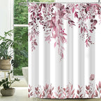 Eucalyptus Shower Curtain, Dark Red Watercolor Leaves with Floral Botanical Bathroom Decor, Waterproof Fabric Bath Curtain Set with Hooks, 72x84 Inches