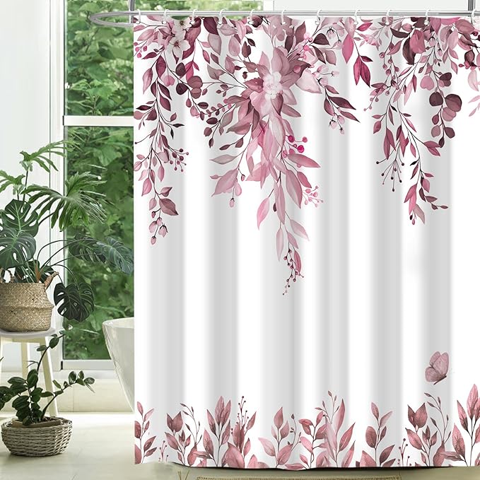 Eucalyptus Shower Curtain, Dark Red Watercolor Leaves with Floral Botanical Bathroom Decor, Waterproof Fabric Bath Curtain Set with Hooks, 72x84 Inches