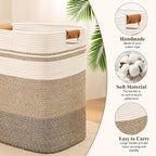 Laundry Hamper, 95L Tall Laundry Basket with Leather Handles, Rectangle Large Clothes Hamper for Organizing, Cotton Woven Laundry Baskets Storage Hampers for Bedroom, Nursery, Living Room
