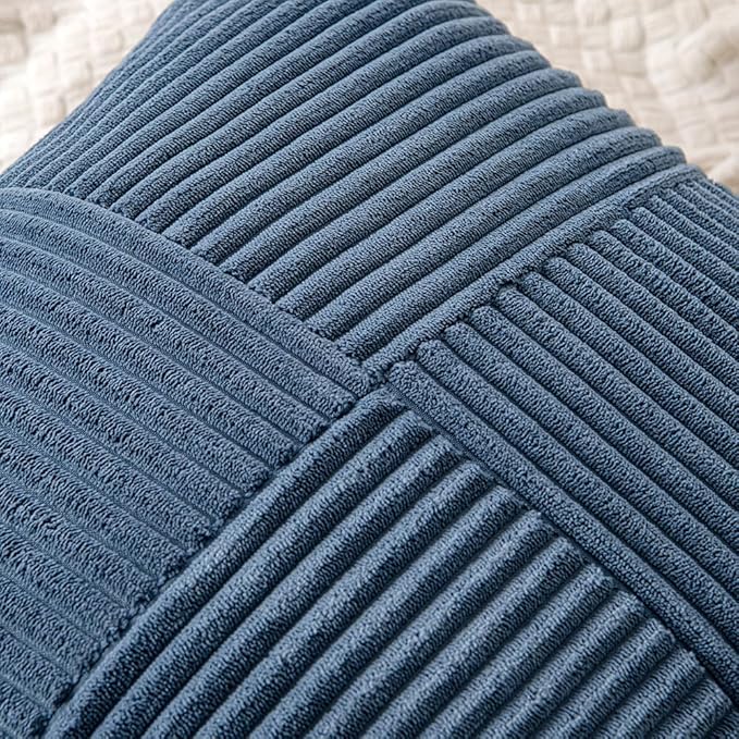 MIULEE Blue Corduroy Pillow Covers Pack of 2 Boho Decorative Spliced Throw Pillow Covers Soft Solid Couch Pillowcases Cross Patchwork Textured Cushion Covers for Living Room Bed Sofa 18x18 inch