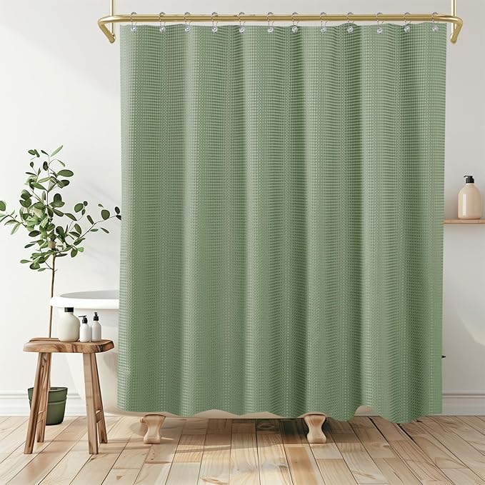 Boho Shower Curtain Set, Waterproof Fabric Shower Curtains, Luxury Hotel Style, Waffle Texture, Heavy Duty, Extra Long Bath Curtain, No Hook, Bathroom Decor, 72x72 Inch, Sage Green