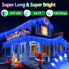 66FT 670 LED Christmas Lights 148 Ice Drops, 12 Lighting Modes and Timer Memory Dimmable, Outdoor Waterproof Hanging String Light for Xmas Holiday Wedding Garden Fence House Tree Outside Decor (Blue)