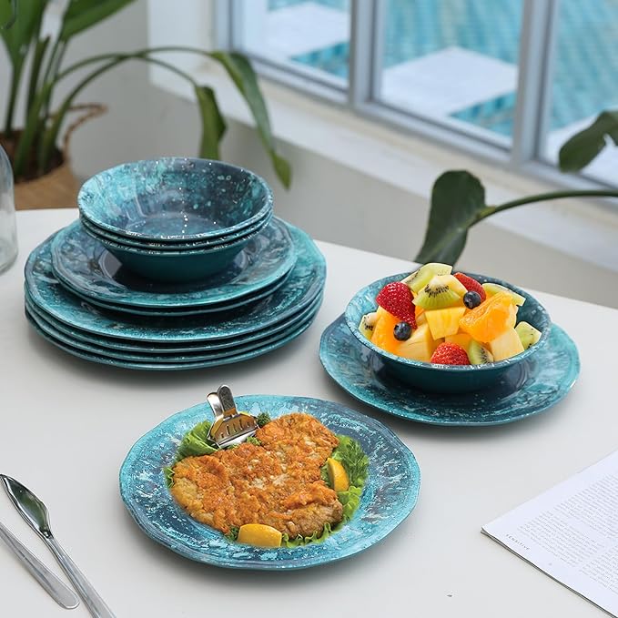 Melamine Dinnerware Sets, Melamine Plates and Bowls Set for 4, Best for Indoor and Outdoor Dining Party, Dishwasher Safe, Volcanic Pattern, Amber Green