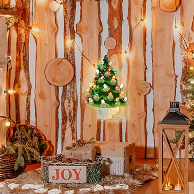 Hausse Christmas Ceramic Tree Night Light, Decorative Snow Covered Xmas Tree Nightlight with Lamp, Multicolor Bulbs & 360 Degree Swivel Plug with ON/Off Switch for Home Bathroom Bedroom Decor