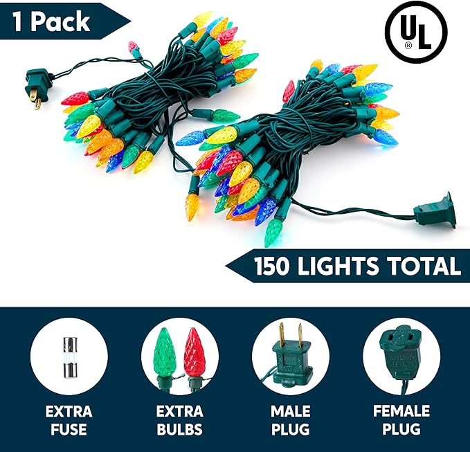 Joiedomi C6 LED Christmas String Lights,150 Count Strawberry Christmas Trees Lights, 50.6FT Connectable Multicolor for Indoor Outdoor Holiday Party Decor,Green Wire