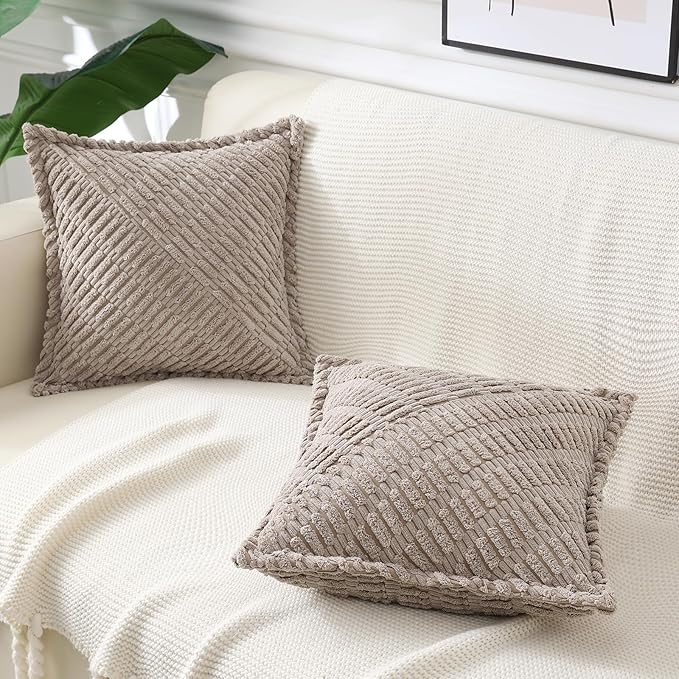 decorUhome Decorative Khaki Throw Pillow Covers 20x20 Set of 2 with Splicing, Boho Soft Neutral Corduroy Broadside Twill Pillow Covers for Couch Bed Sofa Living Room