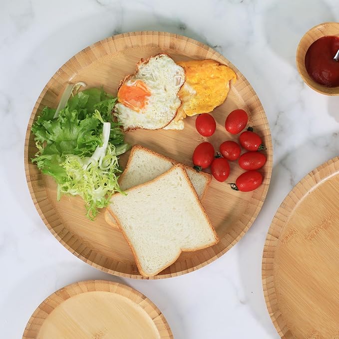 Bamboo Wooden Dinner Plates Set of 2, 12-inch Large Serving Tray for Cafes and Restaurant, Reusable Round Serving Platters and Trays for Snacks/Fruit for Entertaining and Party