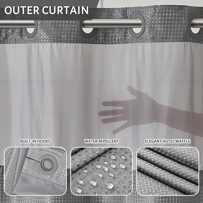 Furlinic Stall Size No Hook Shower Curtain with Snap in Liner,Waffle Weave Heavy Duty Fabric Bathroom Curtains with See Through Top Window,Waterproof & Machine Washable,Grey,36x72 Inch