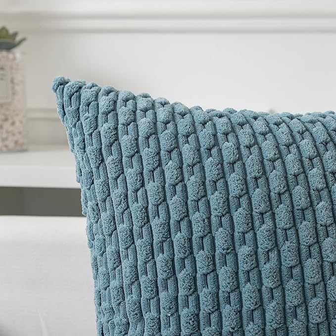 Kevin Textile Throw Pillow Covers Soft Corduroy Decorative Set of 2 Boho Striped Pillow Covers Pillowcases Farmhouse Home Decor for Couch Bed Sofa Living Room 26x26 Inch Blue Grey