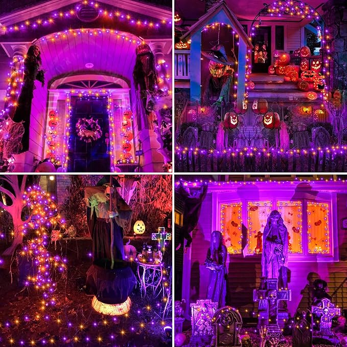 echosari Connectable 400 LED Halloween String Lights, Motion Sensor Scary Sound 66Ft Orange and Purple Halloween Lights Outdoor Waterproof 4 Sound Effects for Yard Party Tree Decor