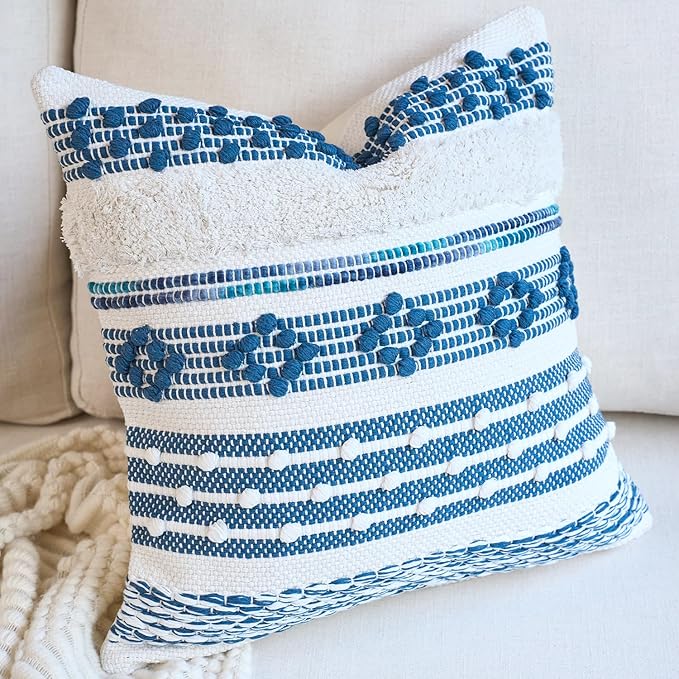 18x18 Boho Tufted Navy Blue Decorative Pillow Cover with Cording Handmade Accent Woven Textured Square Throw Pillow Case for Couch Sofa Farmhouse Living Room Home Decor