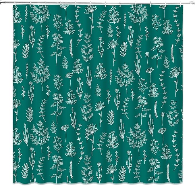 Teal Floral Shower Curtain Rustic Flower Farmhouse Plant Cute Leaves Retro Botanical Vintage Bathroom Curtain Set with Hooks(59" Wx70 H)