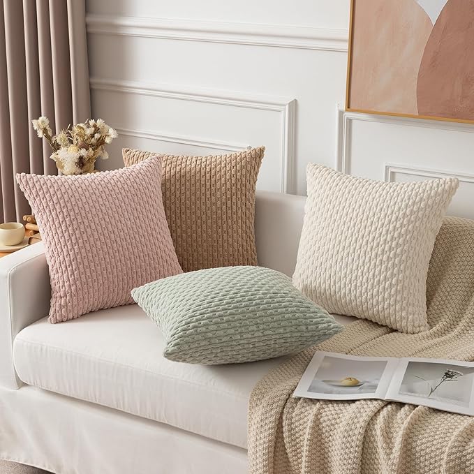Kevin Textile 2 Packs Light Green Decorative Throw Pillow Covers 20x20 Inch for Living Room Couch Bed Sofa Spring Soft Striped Corduroy Square Cushion Case 50x50 cm Rustic Farmhouse Boho Home Decor
