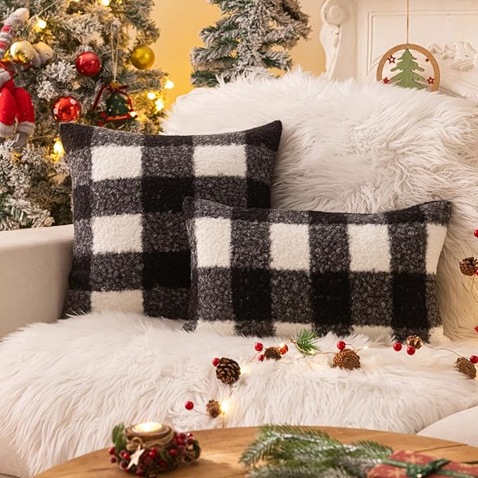 AQOTHES Black White Plaid Winter Throw Pillow Covers 12x20 Inch Set of 2, Boucle Faux Fur Pillow Covers,Cozy Fluffy Home Living Room Farmhouse Decor for Sofa Couch Bed