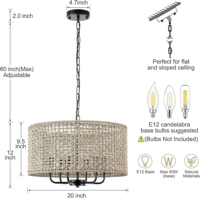 20" Rattan Hand-Woven Boho Wicker Chandelier - 6-Light Drum Farmhouse Oversized Vintage Pendant Light Fixture for Dining Room, Kitchen Island, Entryway (Black)