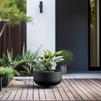 Kante 13.8 Inch Dia Concrete Bowl Planter, Large Tapered Bottom Plant Pot with Drainage, Smooth Black Finish with Warm Brown Interior, Ideal for Porch, Home, Garden, Patio