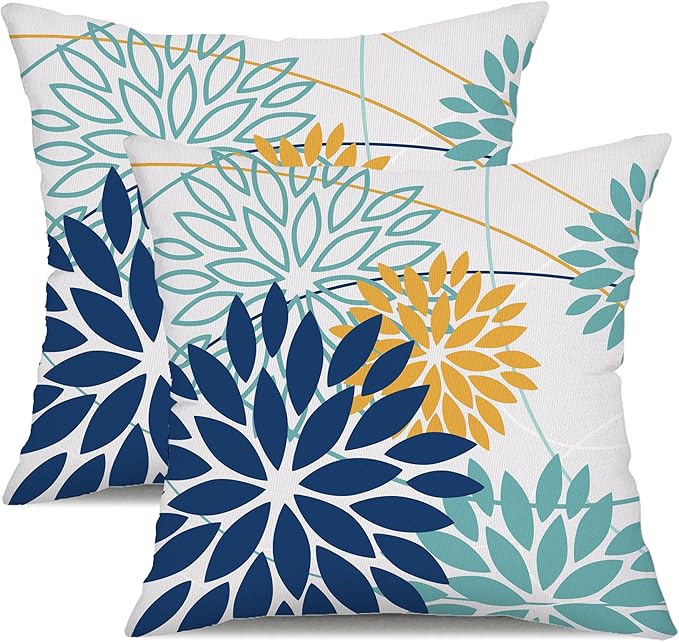 Dark Blue and Light Green Floral Pillow Covers 20x20 Set of 2 Outdoor Pillows Covers Waterproof Summer Pillowcovers Polyester Cushion Case Decor for Couch Patio Funiture Garden Porch 01T20
